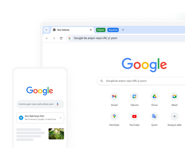 Mobil cihaz ve masaüstü bilgisayar ekranlarında Chrome'da açılmış Google ana sayfası gösteriliyor.